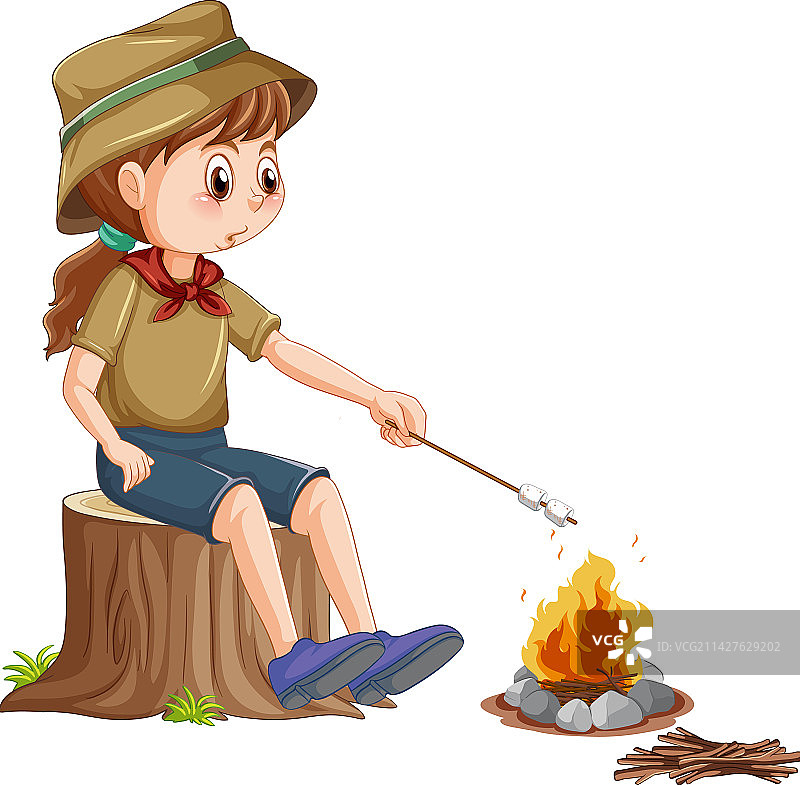 露营女孩烤棉花糖图片素材