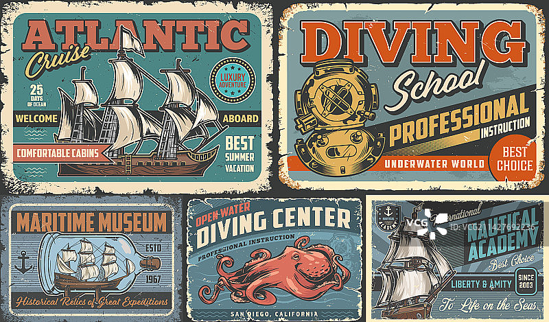 复古彩色航海宣传单套装图片素材