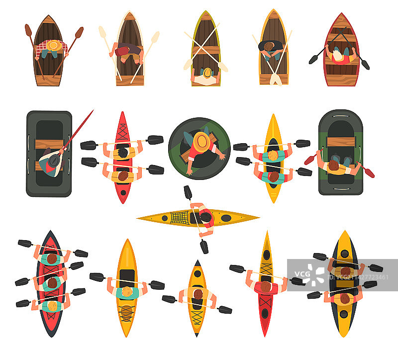 男人在充气筏和木船上漂流图片素材