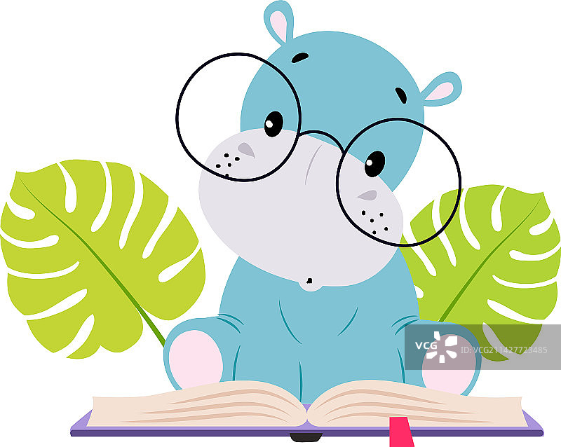 阅读书籍的可爱小河马图片素材