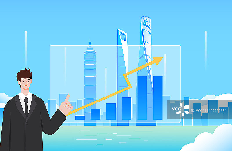 上海陆家嘴城市天际线柱状图向上箭头矢量插画，商务人士讲解上海城市经济上涨GDP基金股票投资理财图片素材