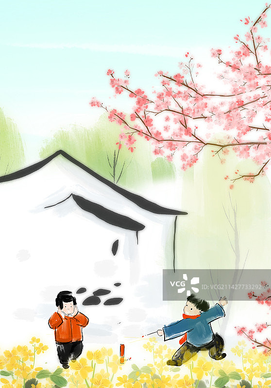 新中式风格乡村水墨山水风景插画图片素材