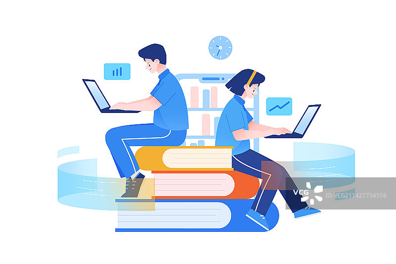 一男一女坐在书上用电脑学习图片素材