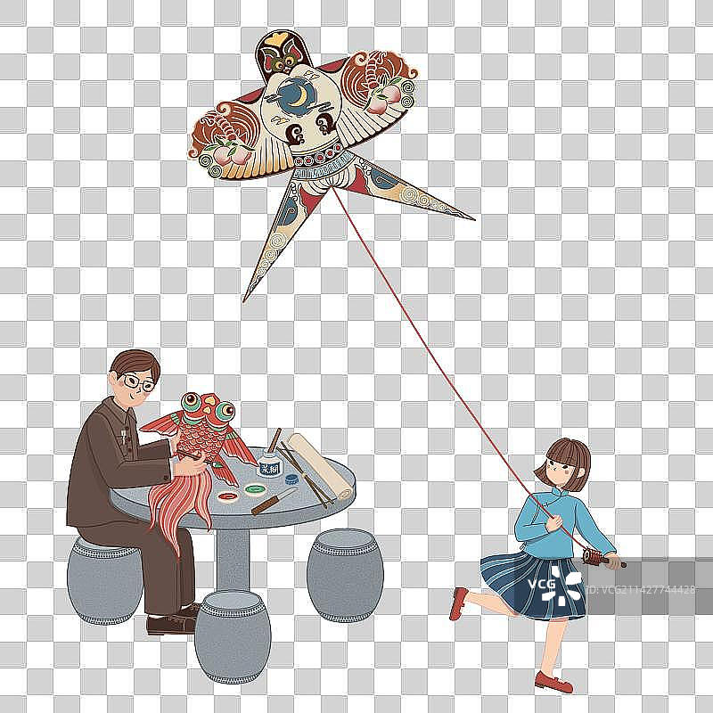 放风筝国风线性插画免抠元素图片素材