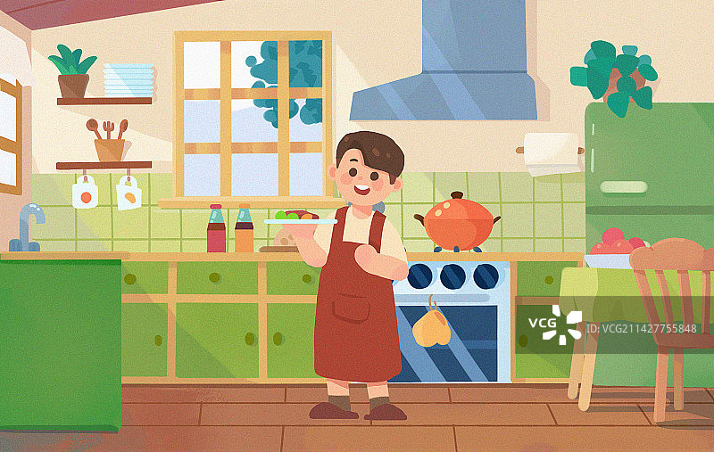 卡通绿色系厨房室内场景插画图片素材