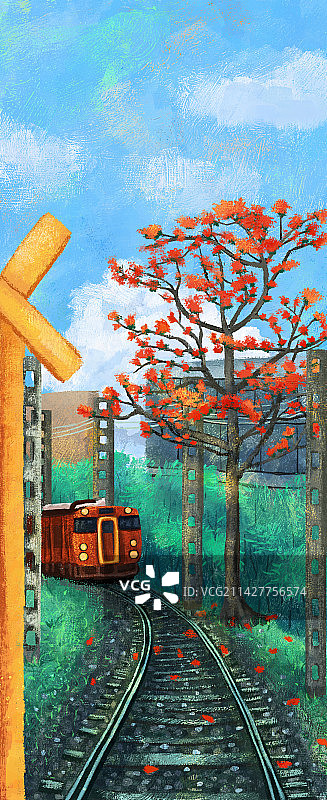 油画质感的铁路边木棉花图片素材