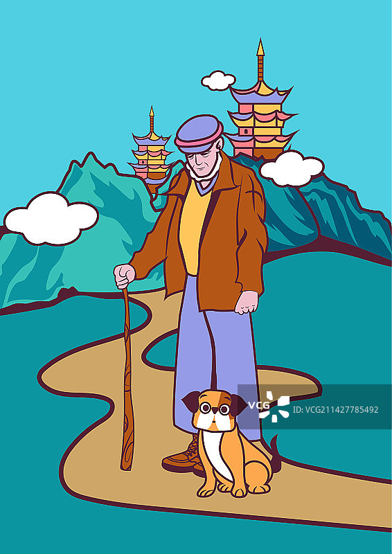 一个老人牵着狗在散心图片素材