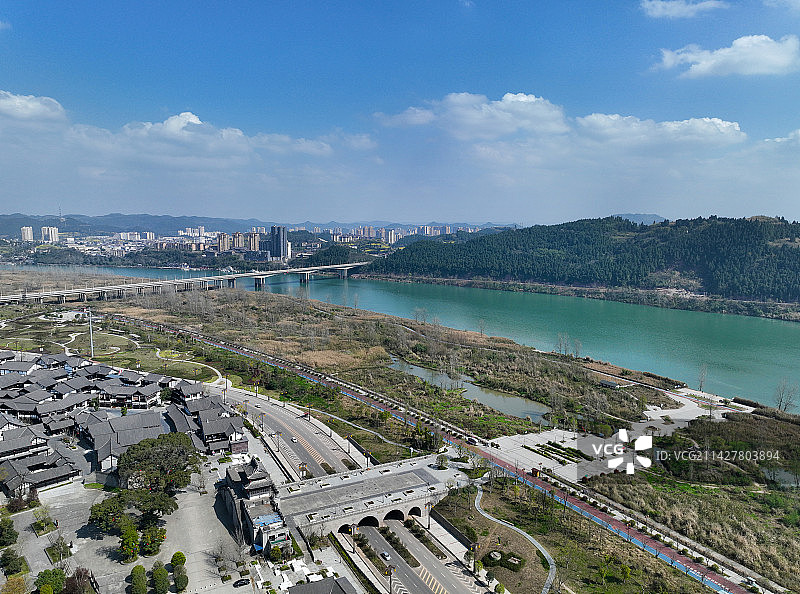 四川省南充市蓬安县相如故城相如湖湿地公园航拍图片素材