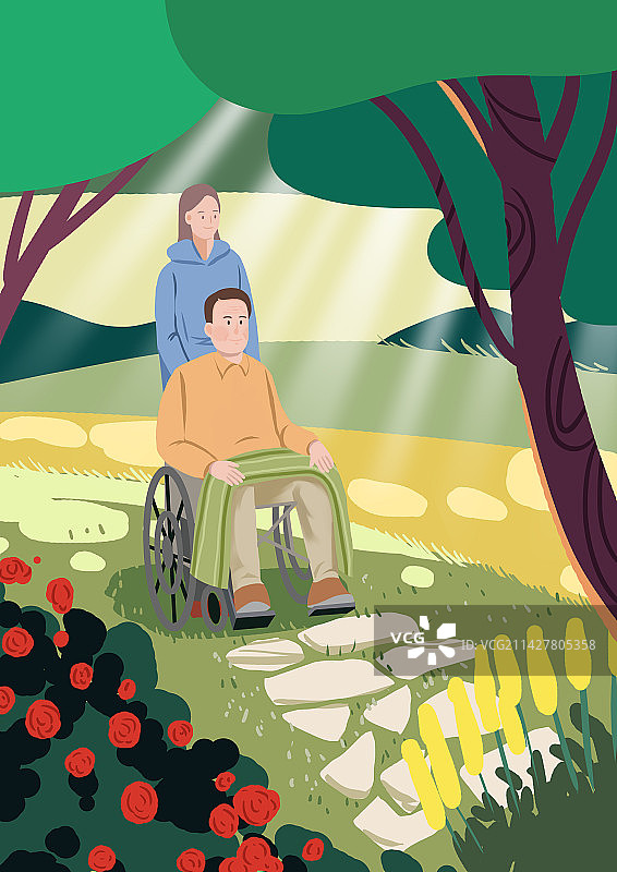 中老年人退休养老休养休息散步花园生活方式健康活动插画图片素材