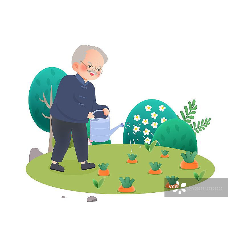 老年人退休养老生活场景插画之种菜养生图片素材