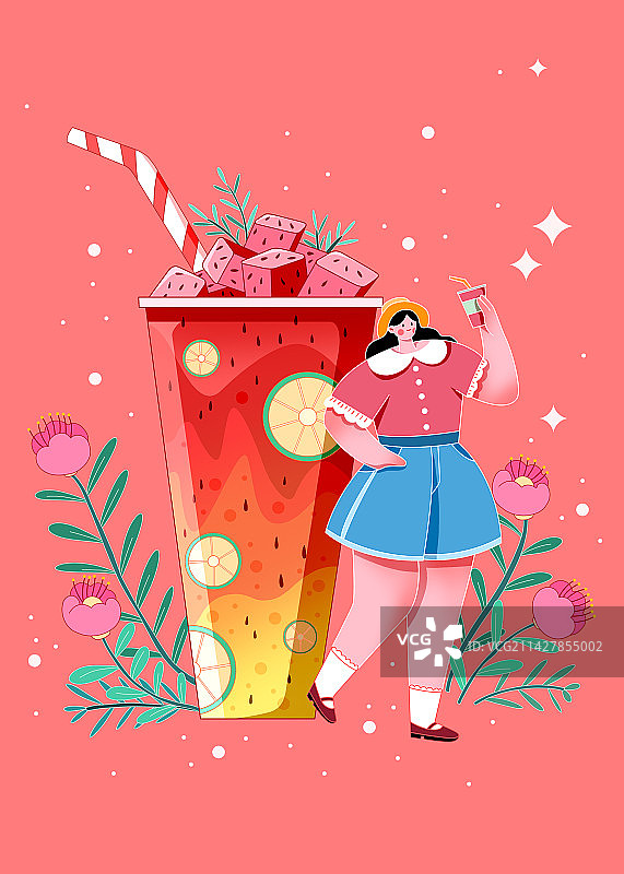 清新扁平风夏季饮料女孩和西瓜汁图片素材