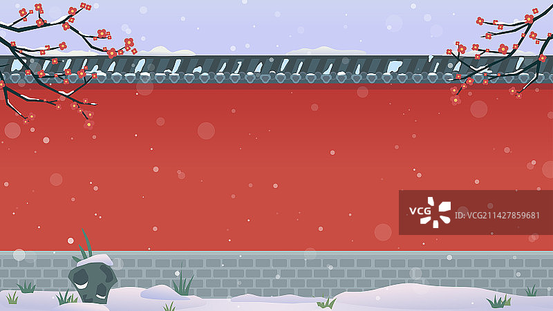 冬天下雪梅花红色城墙插画背景图片素材