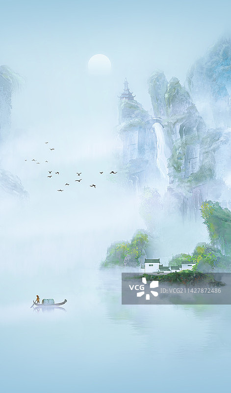 中国风场景插画水墨山水画背景水彩意境山水风景插画图片素材