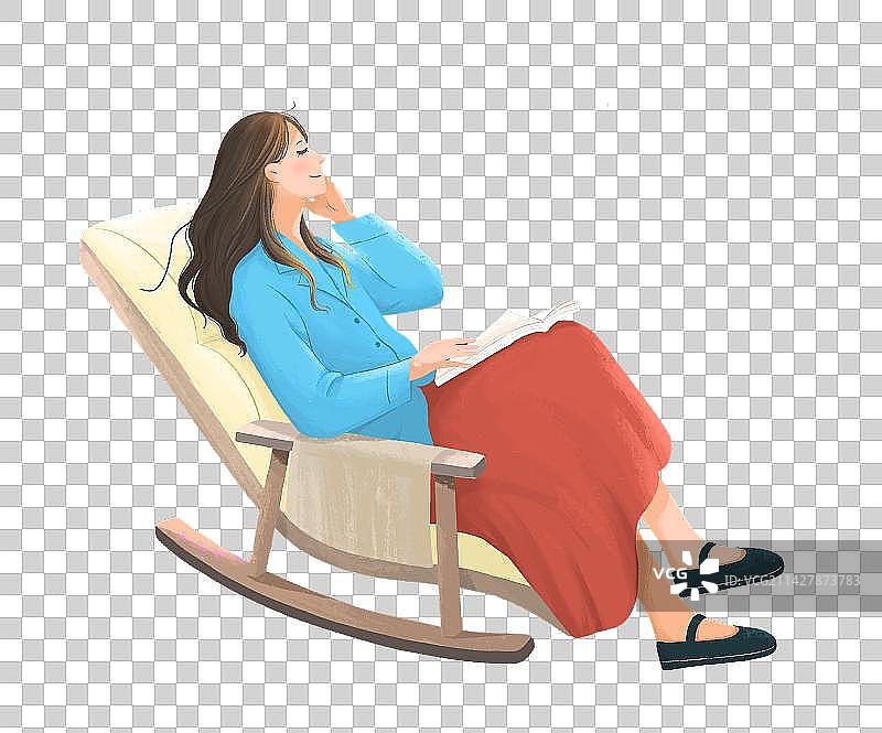 治愈系小清新插画一个知性女孩悠闲的坐在躺椅上图片素材