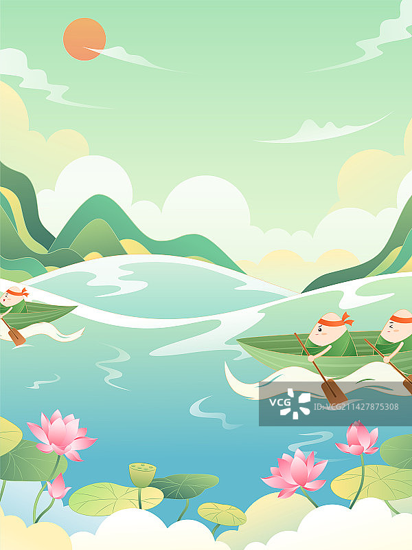 国潮风端午节粽子赛龙舟创意插画图片素材