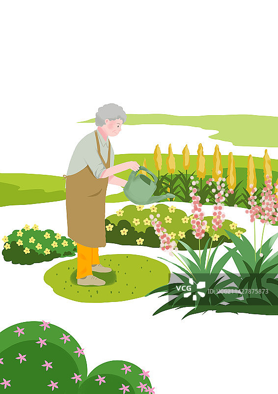 中老年人退休养老休养周末休闲娱乐享受生活方式浇花养花种植植物插画图片素材