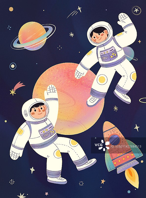 世界航天日-宇航员登月遨游太空宇宙手绘可爱插画图片素材