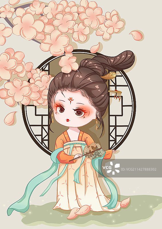 Q版插画古风女孩可爱汉服桃花图片素材