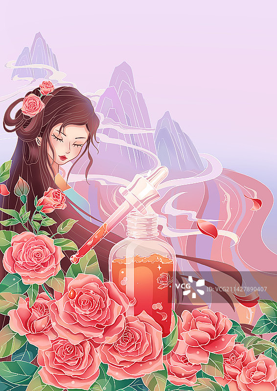 新中式国潮女孩玫瑰护发精油插画图片素材