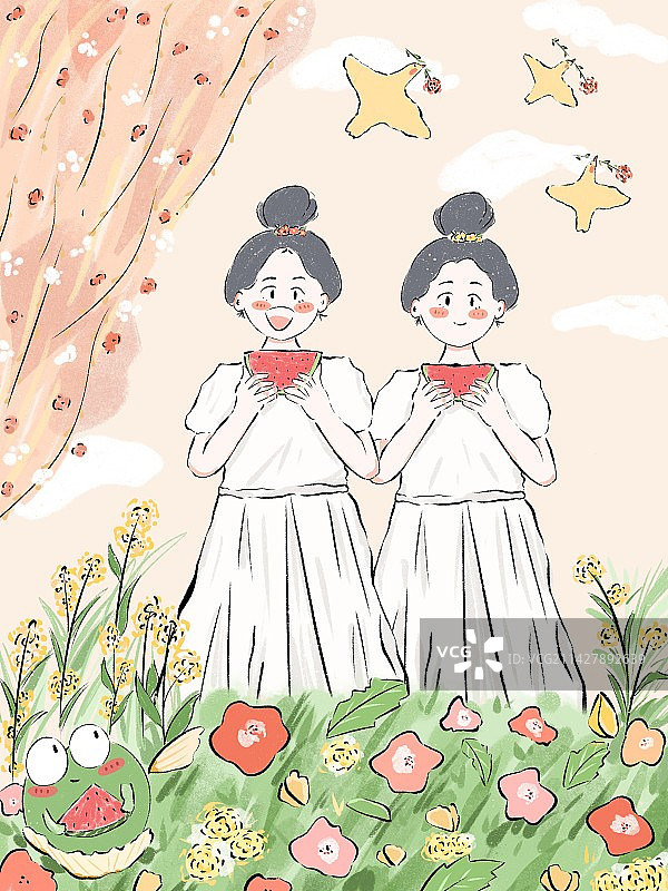 治愈风可爱姐妹插画图片素材