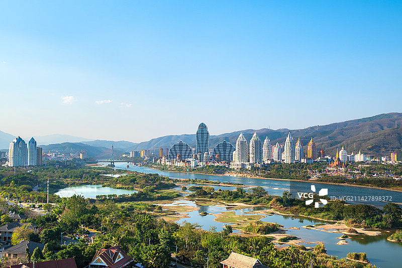 云南省西双版纳景洪市告庄和湄公河星光夜市城市风光白昼晴天图片素材