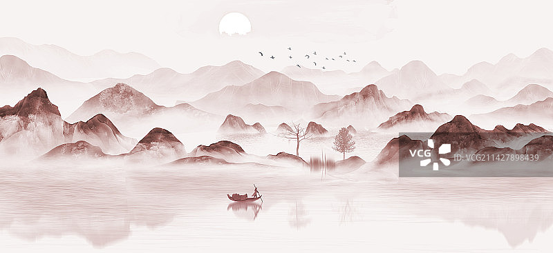 蓝色山水画背景插画图片素材