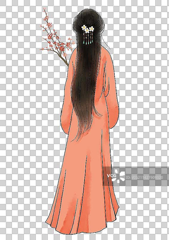 古风抱梅花的红衣少女图片素材