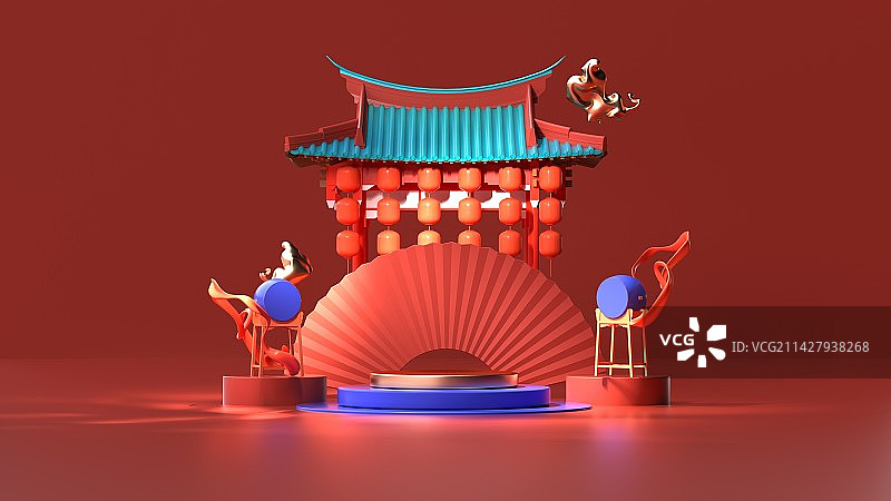 3D渲染中国风电商陈列场景图片素材