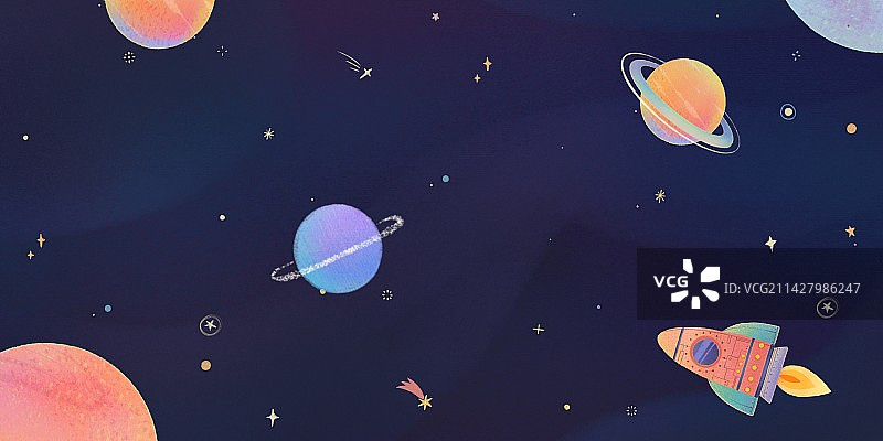 手绘蓝色可爱太空宇宙火箭星系插画图片素材