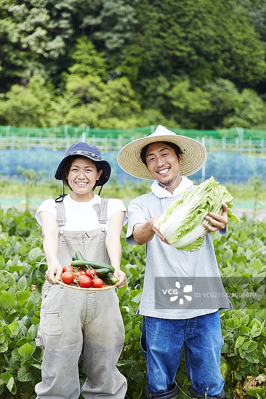 男人和女人在田野里拿着蔬菜图片素材