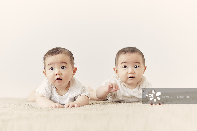 排列在米色地毯上的婴儿双胞胎图片素材