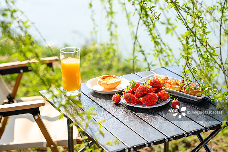 春天湖边柳树下的野餐图片素材