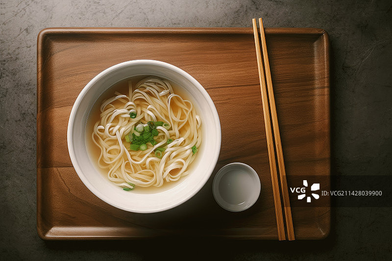 一碗清汤素面搭配葱花，中国风味美食图片素材