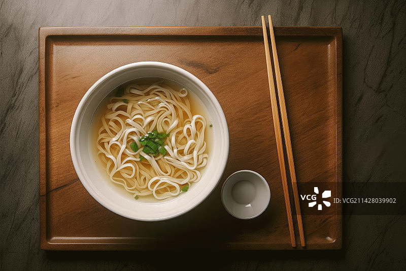 一碗清汤素面搭配葱花，中国风味美食图片素材