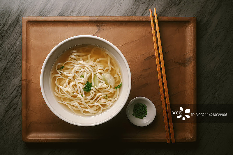 一碗清汤素面搭配葱花，中国风味美食图片素材