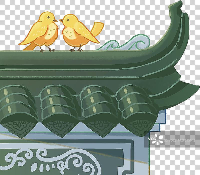 春天中式牌坊屋沿上小鸟图片素材