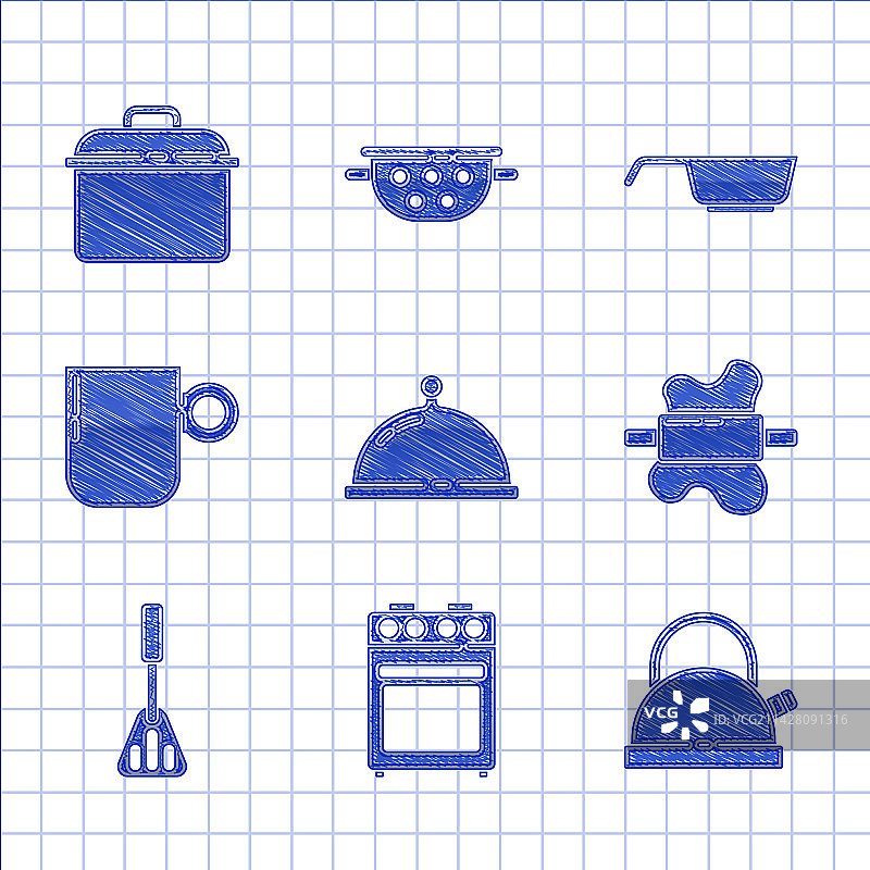 包含食物托盘、烤箱、水壶和把手的组合图片素材