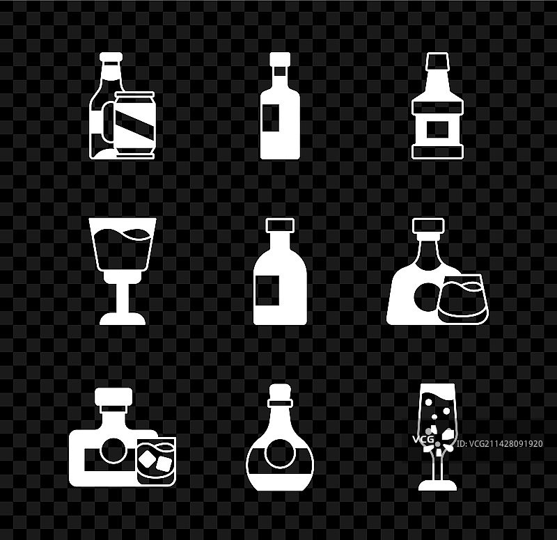 啤酒瓶、啤酒罐、葡萄酒和威士忌酒杯组合图片素材