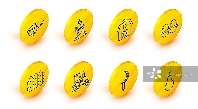 梨、镰刀、拖拉机、花园栅栏线条稿图片素材