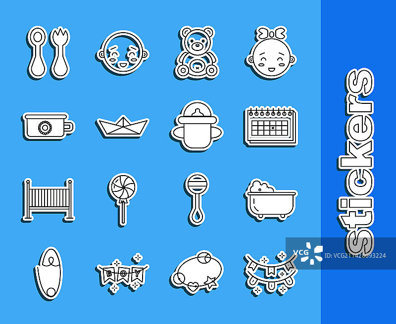 一组带狂欢节彩带和婴儿浴缸的线条图标图片素材