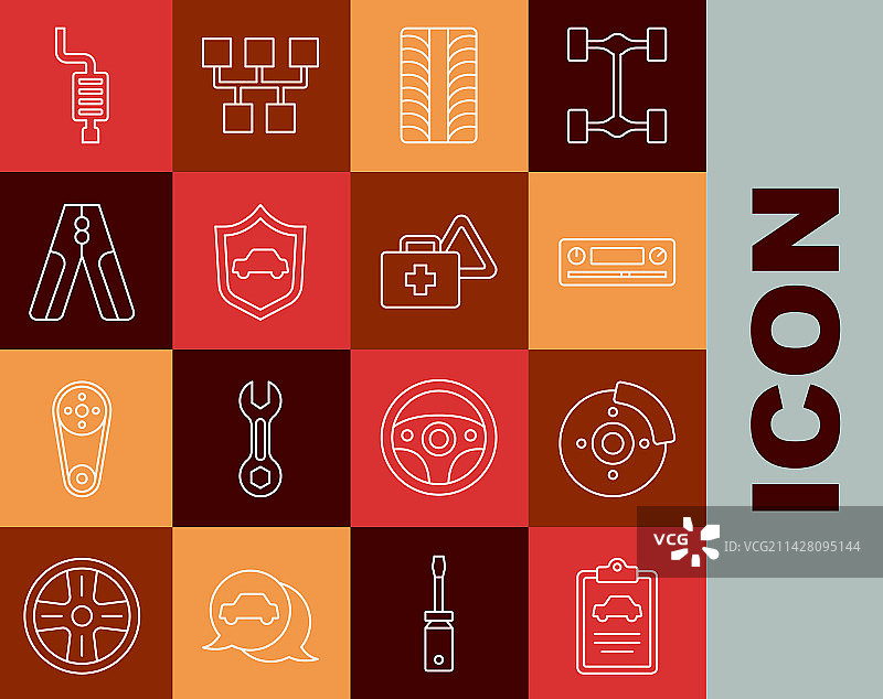 汽车检查、制动盘与卡钳线性图标图片素材