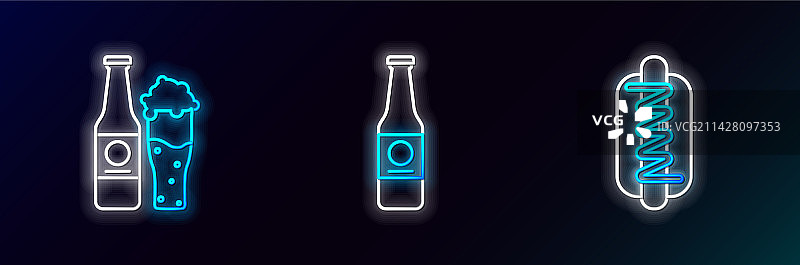 配芥末的热狗、三明治和啤酒瓶线性图标图片素材