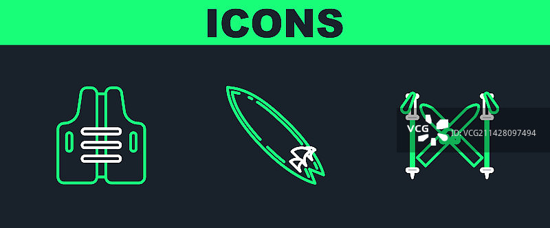 滑雪杖、救生衣和冲浪板组合图片素材