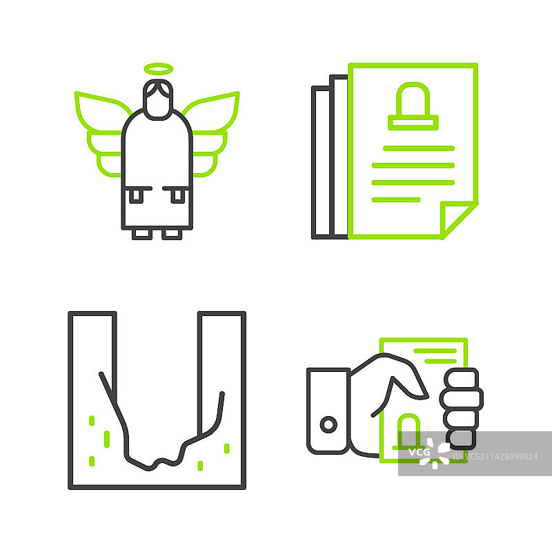 手持死亡证明和墓地场景线条图片素材