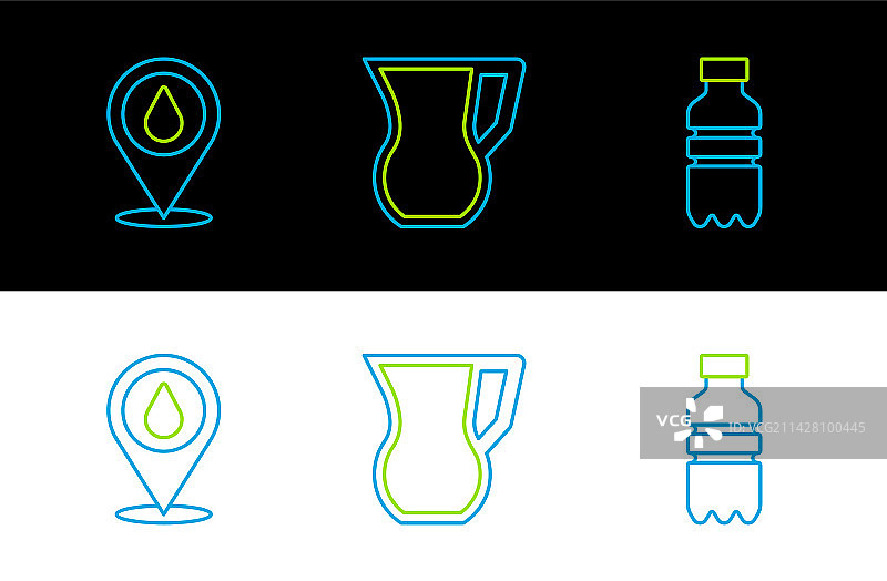 水瓶、水滴和定位点线条组合图片素材