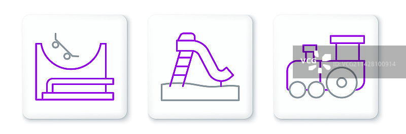 玩具火车、滑板公园和儿童滑梯套装图片素材