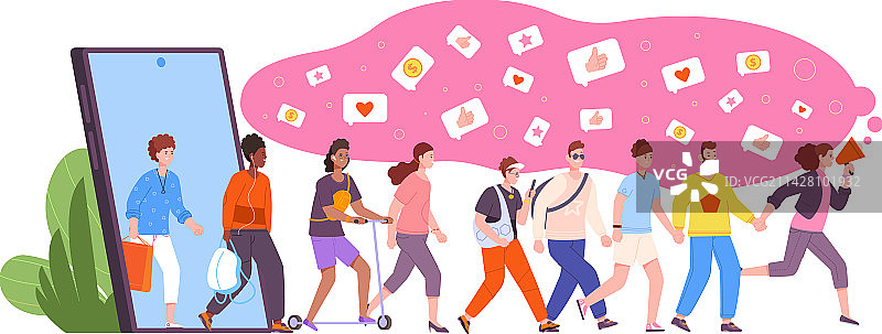 人们从手机走来的移动推荐计划图片素材