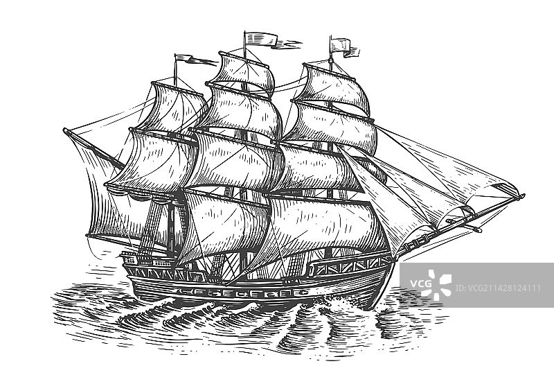 复古雕刻风格的帆船图片素材