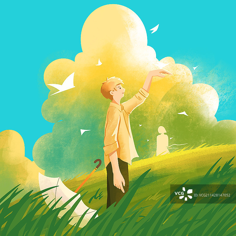 男孩在草地图片素材