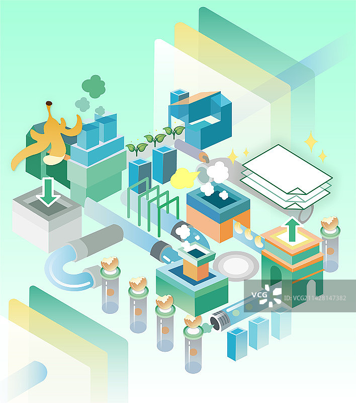 垃圾分类循环工厂公益低碳环保2.5d插画图片素材